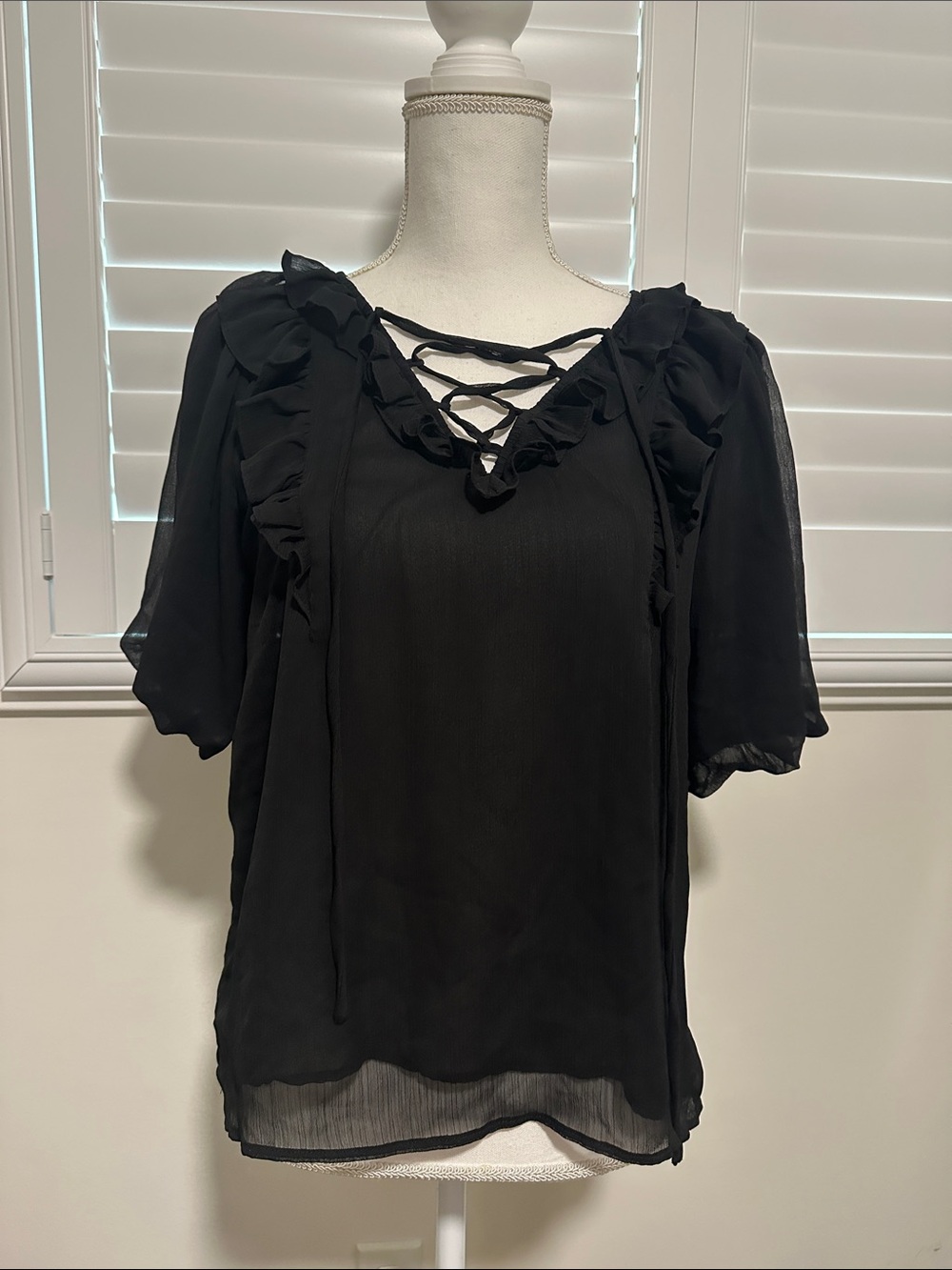 LOFT Black Ruffle Lace-Up V-Neck Blouse Small | A1